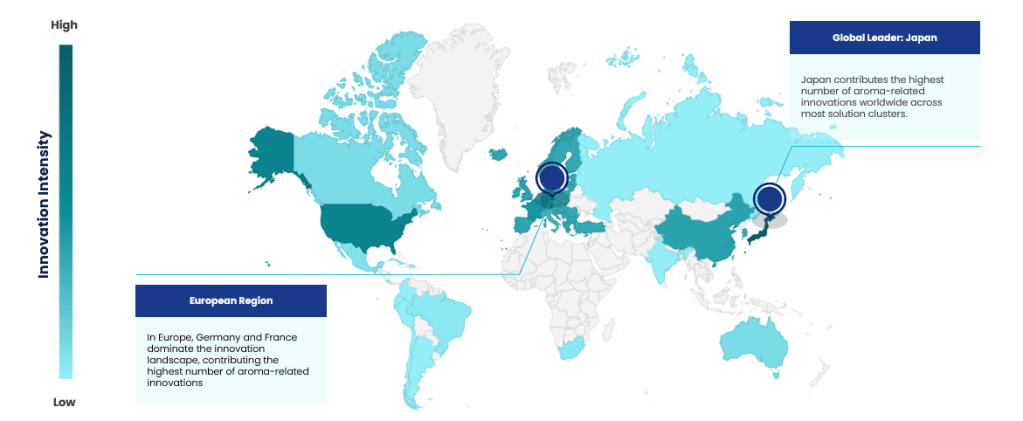 This infographic shows where aroma innovation is geographically concentrated and who is leading globally